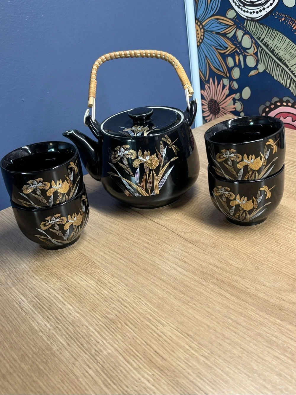 Vintage Japanese Black Iris Teapot Set Pot & 4 cups Otagiri Style